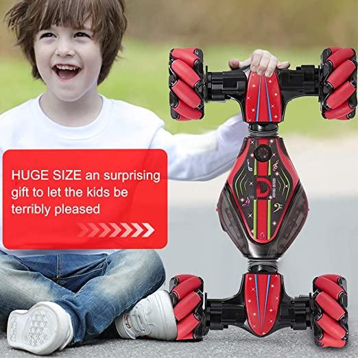 Uttam Toys GoolRC RC Stunt Car, 4WD 2.4GHz Remote Control Car, Deformable All-Terrain Off Road Car, 360 Degree Flips Double Sided Rotating Race Car with Gesture Sensor Watch Lights Music for Kids (Red)