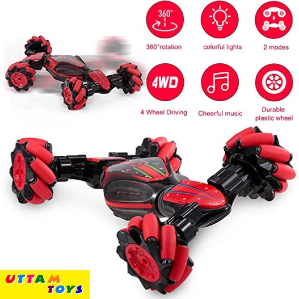 Uttam Toys GoolRC RC Stunt Car, 4WD 2.4GHz Remote Control Car, Deformable All-Terrain Off Road Car, 360 Degree Flips Double Sided Rotating Race Car with Gesture Sensor Watch Lights Music for Kids (Red)