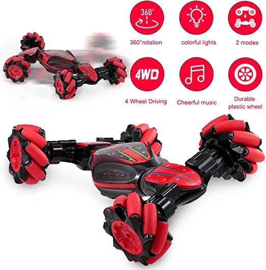 Uttam Toys GoolRC RC Stunt Car, 4WD 2.4GHz Remote Control Car, Deformable All-Terrain Off Road Car, 360 Degree Flips Double Sided Rotating Race Car with Gesture Sensor Watch Lights Music for Kids (Red)