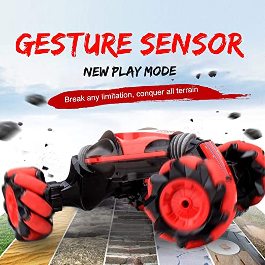 Uttam Toys GoolRC RC Stunt Car, 4WD 2.4GHz Remote Control Car, Deformable All-Terrain Off Road Car, 360 Degree Flips Double Sided Rotating Race Car with Gesture Sensor Watch Lights Music for Kids (Red)