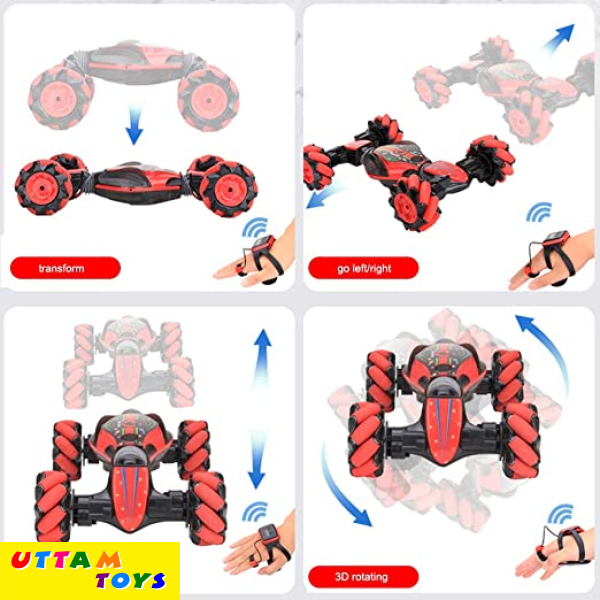 Uttam Toys GoolRC RC Stunt Car, 4WD 2.4GHz Remote Control Car, Deformable All-Terrain Off Road Car, 360 Degree Flips Double Sided Rotating Race Car with Gesture Sensor Watch Lights Music for Kids (Red)