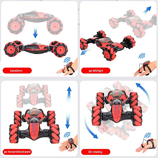 Uttam Toys GoolRC RC Stunt Car, 4WD 2.4GHz Remote Control Car, Deformable All-Terrain Off Road Car, 360 Degree Flips Double Sided Rotating Race Car with Gesture Sensor Watch Lights Music for Kids (Red)