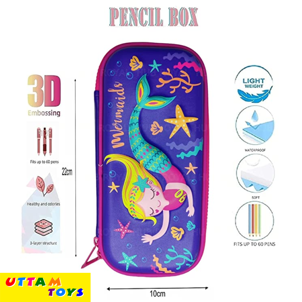 Uttam toys Mermaid Theme Branded 3D Cover Pencil Case with Compartments, Pencil Pouch Box
