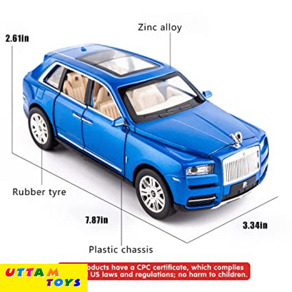 Uttam Toys 1/24 Scale Rolls-Royce Cullinan SUV Model Car Toy, Zinc Alloy Pull Back Diecast Toy Cars with Sound and Light for Kids Boy Girl Gift(Blue)
