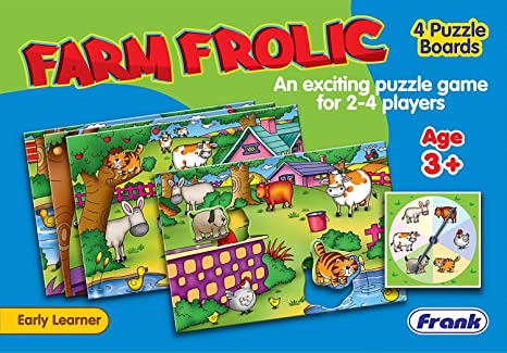 Frank Farm Frolic – 4 Puzzle Boards, 24 Animal Pieces, 1 Spinner Board, Early Learner Educational Puzzle Set with Animal Images
