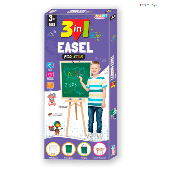 Krocie Toys Standing Easel Board for Kids, 3 in 1 Dry Erase White Board and Chalkboard Art Activity