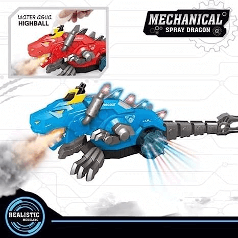Mechanical Walking Dragon Dinosaur Toy with Fire Breathing Water Spray Mist Red Light Function & Realistic Sounds - Blue
