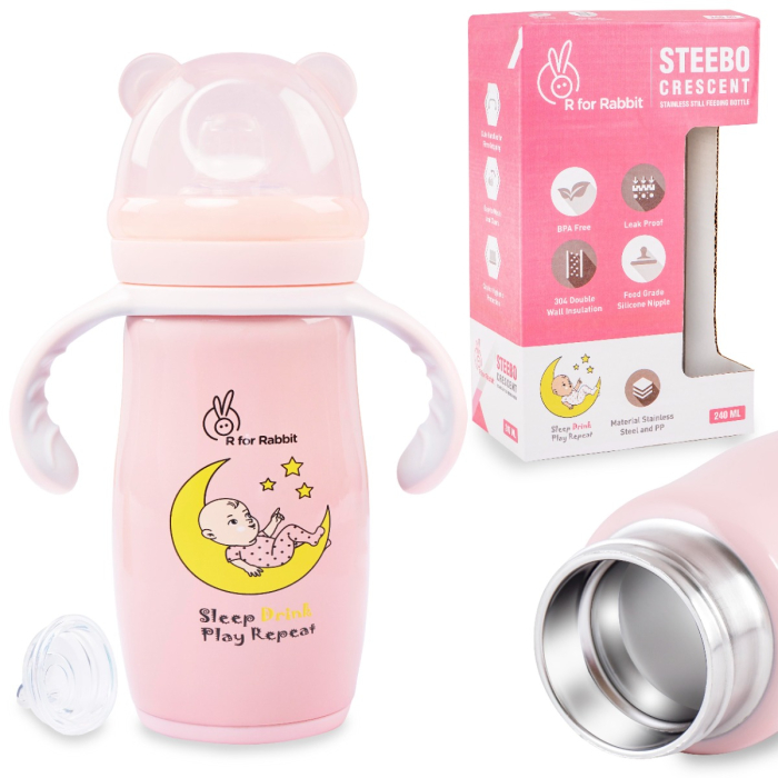 R For Rabbit Steebo Crescent SS Baby Spout Sipper 240 ML (Pink)