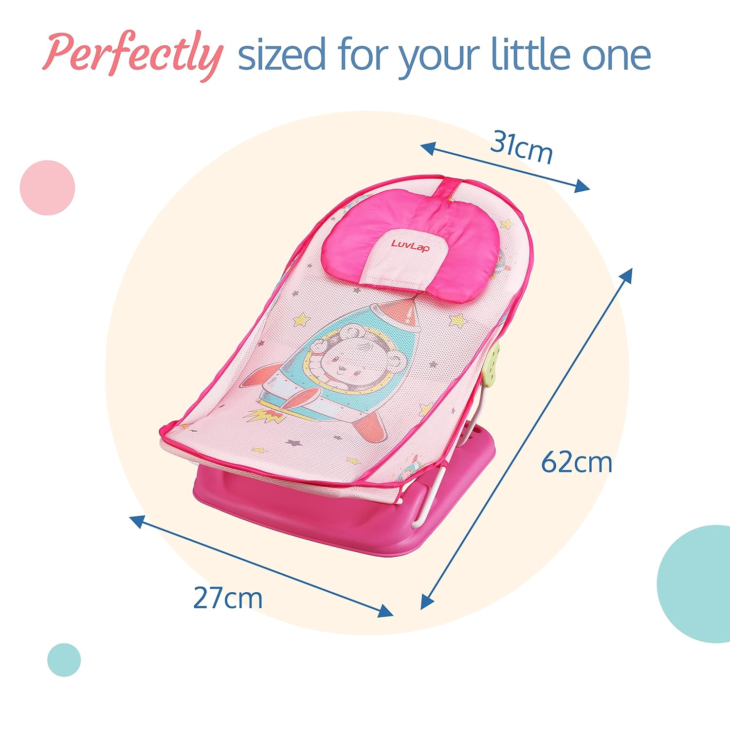 LuvLap Happy Astronaut Baby Bather for Baby 0-12 Months, New Born Baby Bath Chair, 3 Position Adjustable, Washable Soft Mesh, Large Seat (Multicolor)
