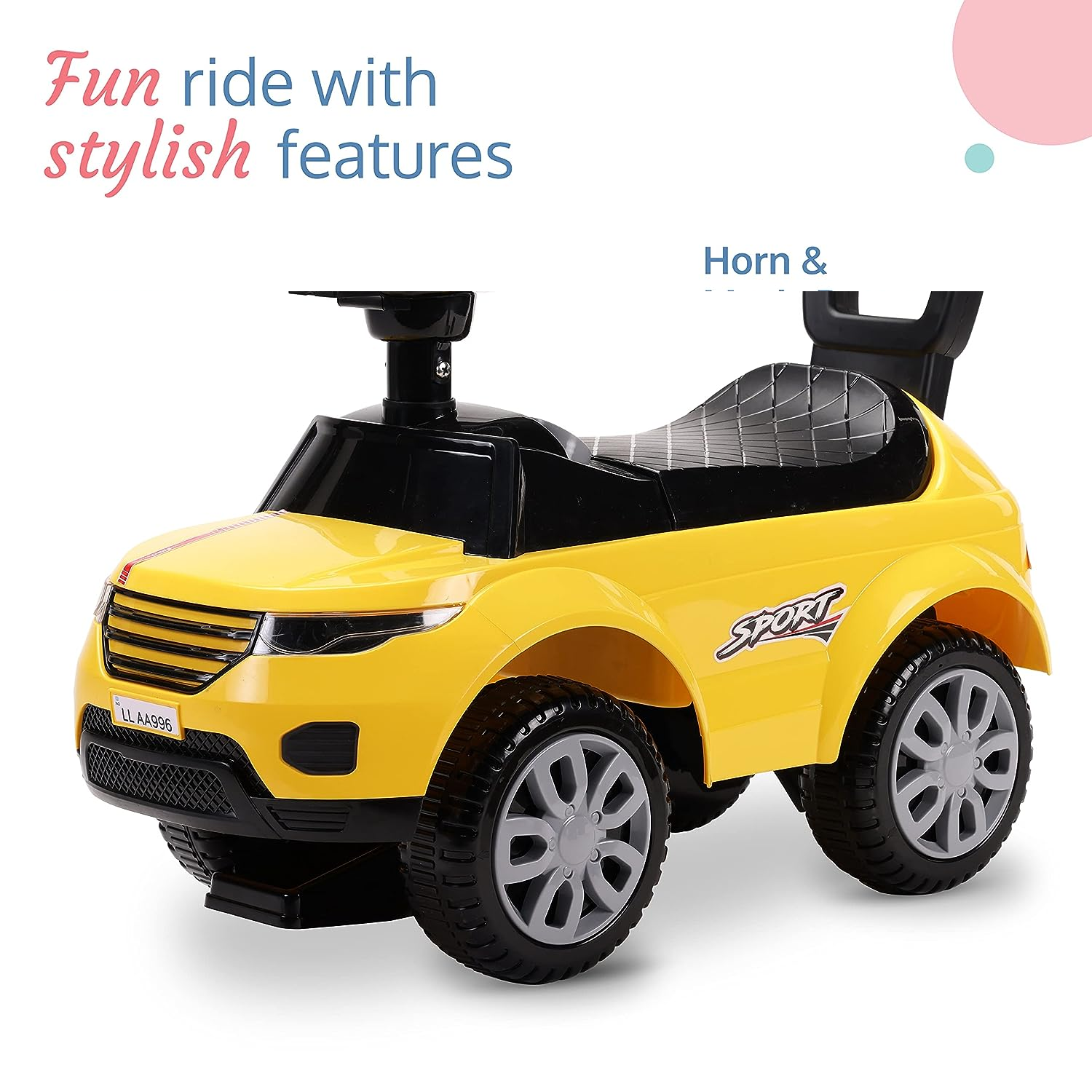 LuvLap Starlight Ride on & Car for Kids with Music & Horn Steering, Push Car for Baby with Backrest, Safety Guard, Under Seat Storage & Big Wheels, Ride on for Kids 1 to 3 Years Upto 25 Kgs (Yellow)