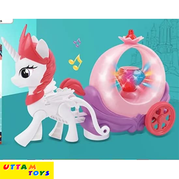 Battery Operated Dream Horse with Buggy Cart Vehicle Toy with 3D Light, Music, Bump & go Action for Kids|Boys|Girls (Color-as per Availability).