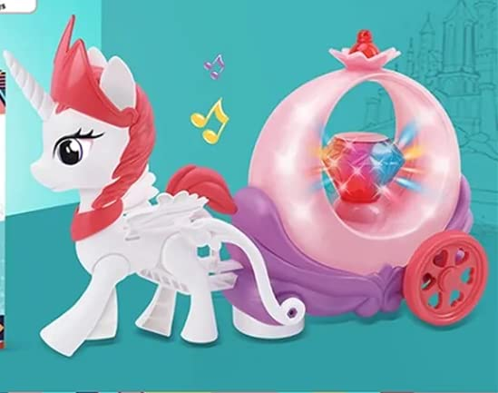 Battery Operated Dream Horse with Buggy Cart Vehicle Toy with 3D Light, Music, Bump & go Action for Kids|Boys|Girls (Color-as per Availability).