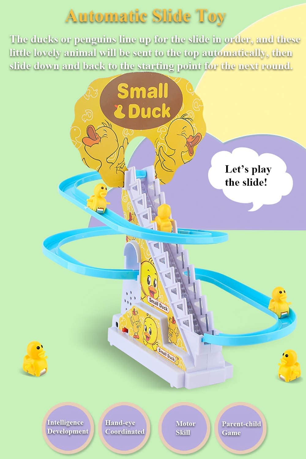 Small Ducks Climbing Toys,Electric Ducks Chasing Race Track Game Set, Playful Roller Coaster Toy with 3 Duck LED Flashing Lights & Music Button, Fun Duck Stair Climbing Toy for Toddlers and Kids-25CM