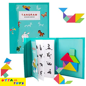 Travel Wooden Tangram Puzzle - Magnetic Pattern Block Book with Solution| 3D Puzzle Road Trip Game | STEM Education | IQ-Brain Teaser Toys for Kids-Multicolor