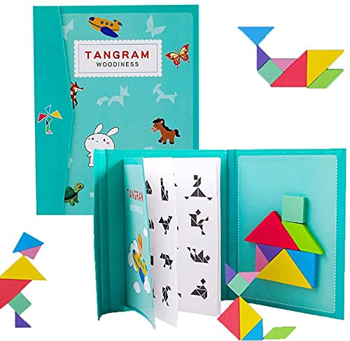 Travel Wooden Tangram Puzzle - Magnetic Pattern Block Book with Solution| 3D Puzzle Road Trip Game | STEM Education | IQ-Brain Teaser Toys for Kids-Multicolor